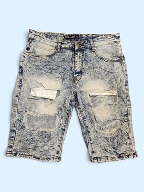 Blue Cult Men’s Acid Wash Distressed Denim Shorts - Light Blue